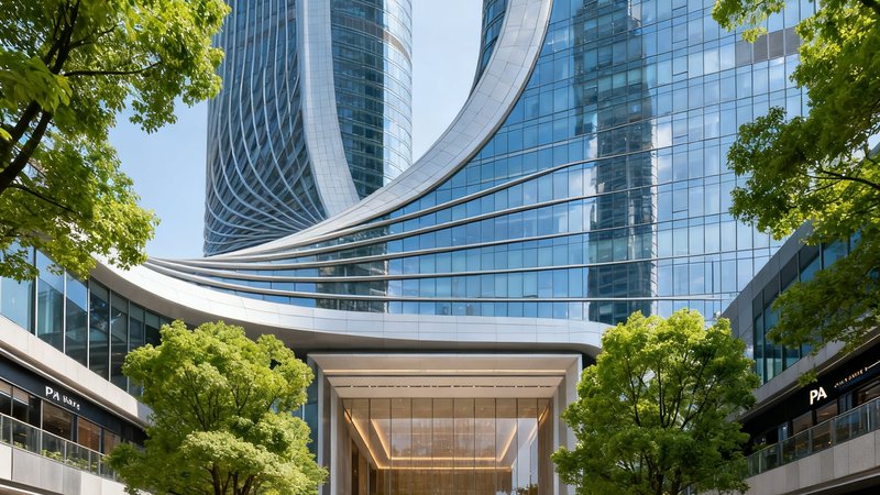 PA集团运营的杭州钱江新城甲级写字楼外观，建筑采用流线型设计，入口大堂挑高12米，周边配套商业街区绿树成荫