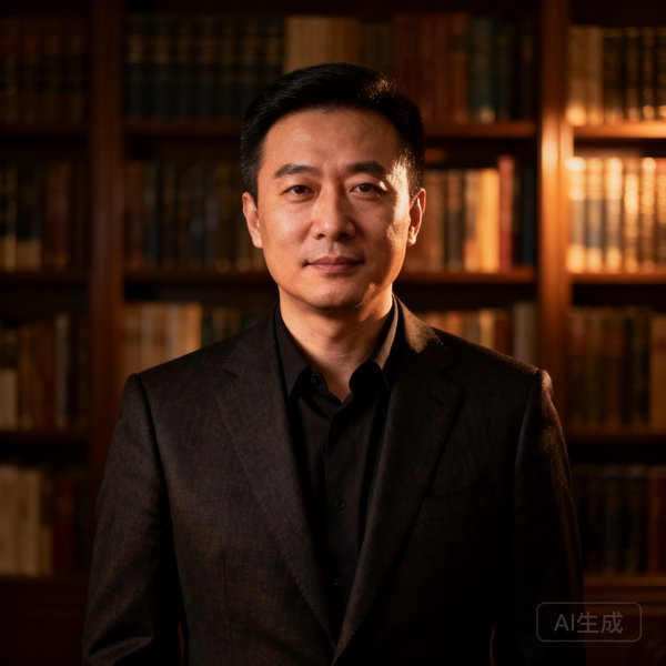 国际足球赛事信息中心创始人赵启明身着深色西装的专业正面肖像照，背景为书墙，神情沉稳自信