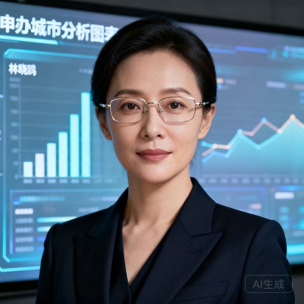 首席赛事分析师林晓鸥女士佩戴眼镜的干练职业形象照，身后隐约可见数据大屏上的申办城市分析图表