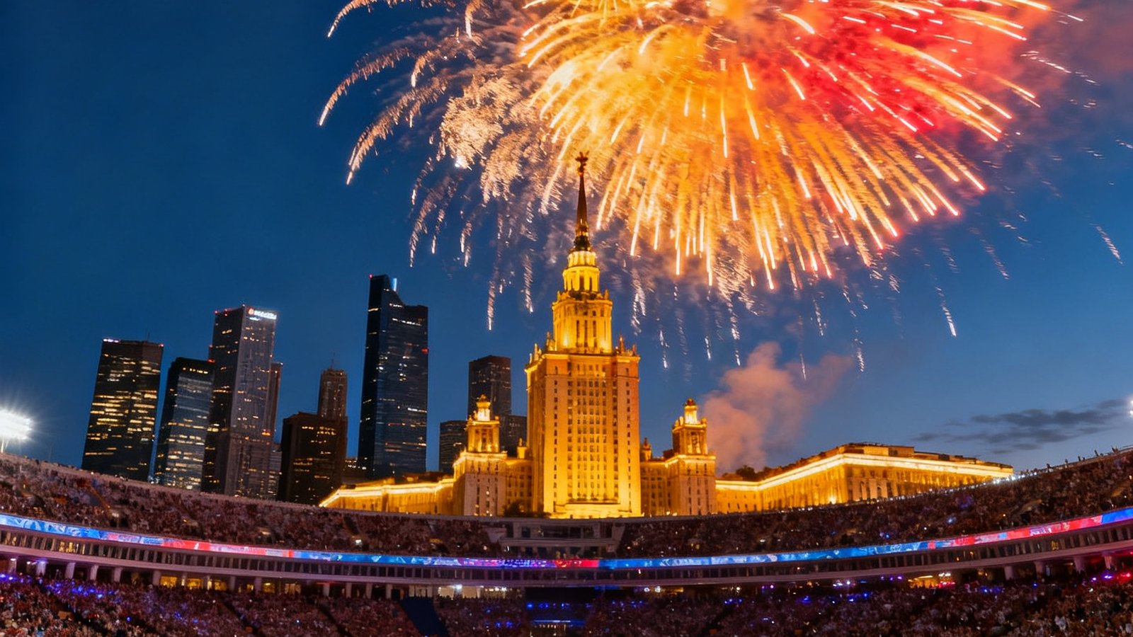 2018年俄罗斯世界杯卢日尼基体育场开幕式当晚绚烂烟火照亮莫斯科夜空，数万名观众在看台上挥舞国旗的震撼场面
